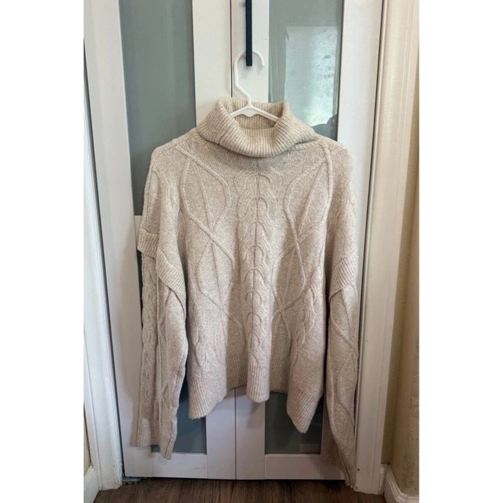 Oatmeal Cable Knit Cape Sleeve Turtleneck Sweater XL